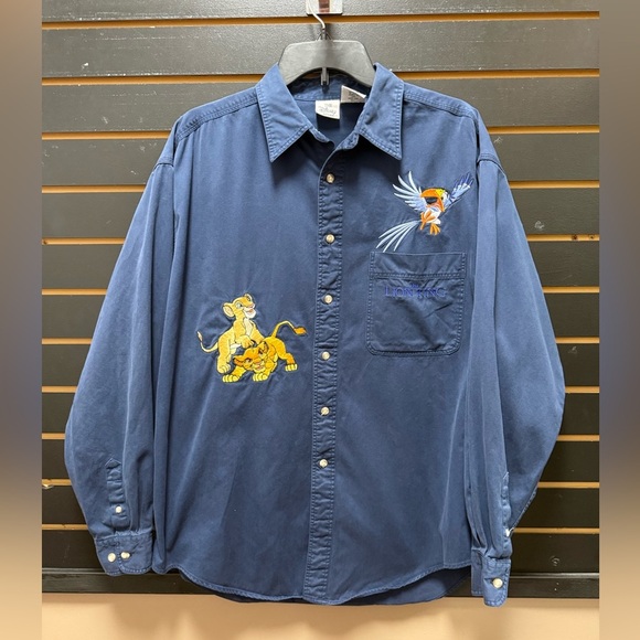 Vintage 90s Disney Store Mens Blue Shirt Lion King Embroidered Front L - Picture 1 of 3